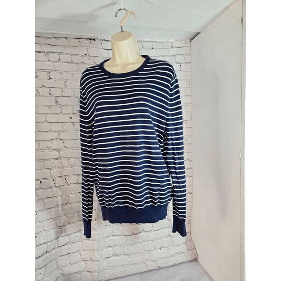 Calvin Klein Supima Mens Size Medium Navy/White Striped Sweater - Picture 1 of 6